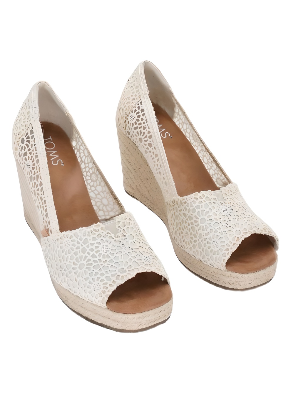 TOMS Essential Peep-Toe 3.5" Wedge Sandals Natural Moroccan Crochet Size 8.5M